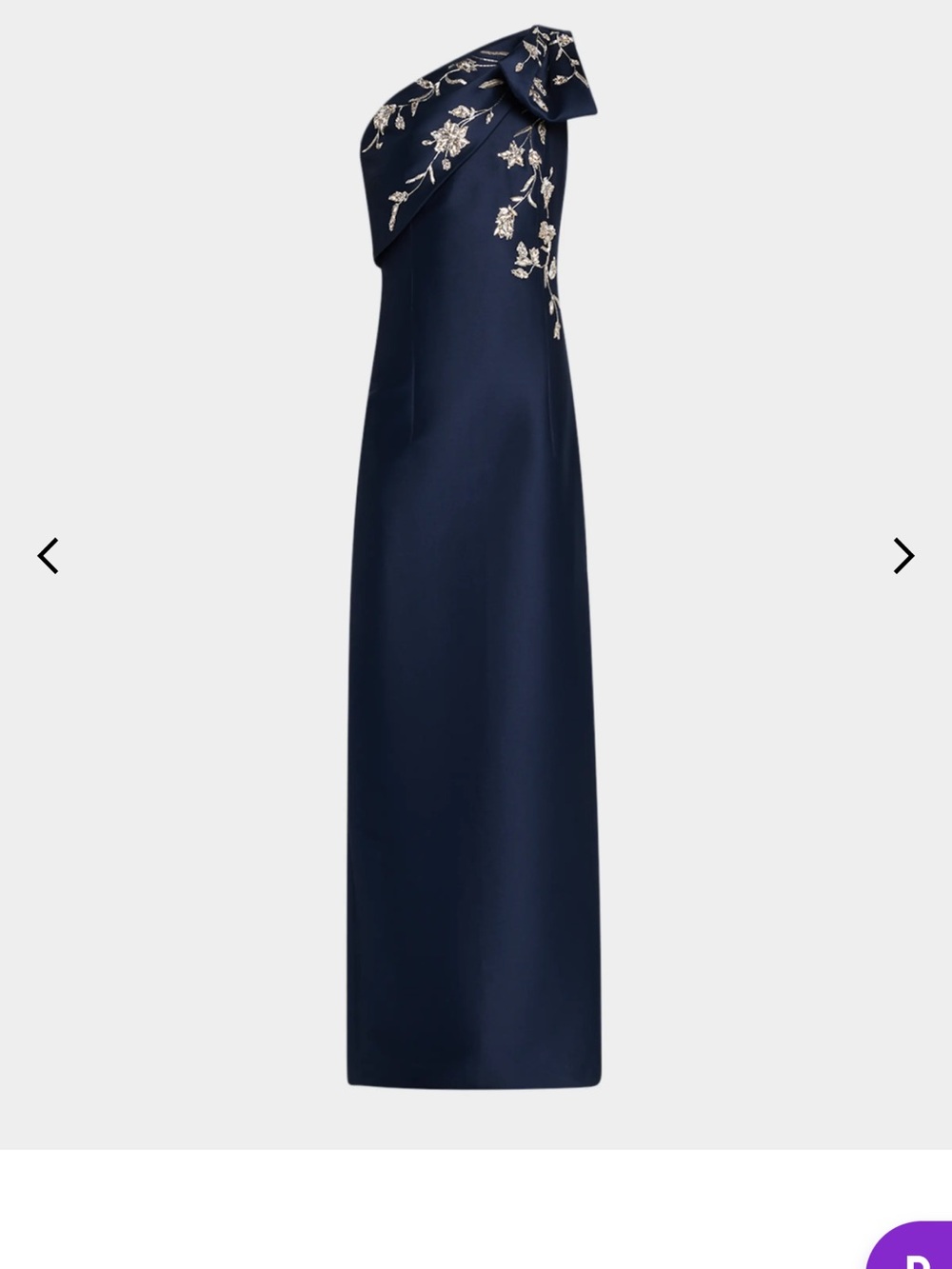 One-Shoulder Navy Evening Gown with Silver Floral Embroidery NWT